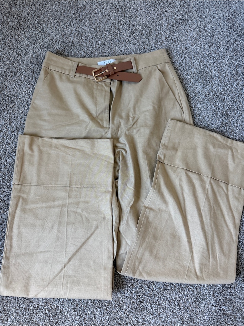 LOFT Tan Wide-Leg Chinos with Brown Belt
